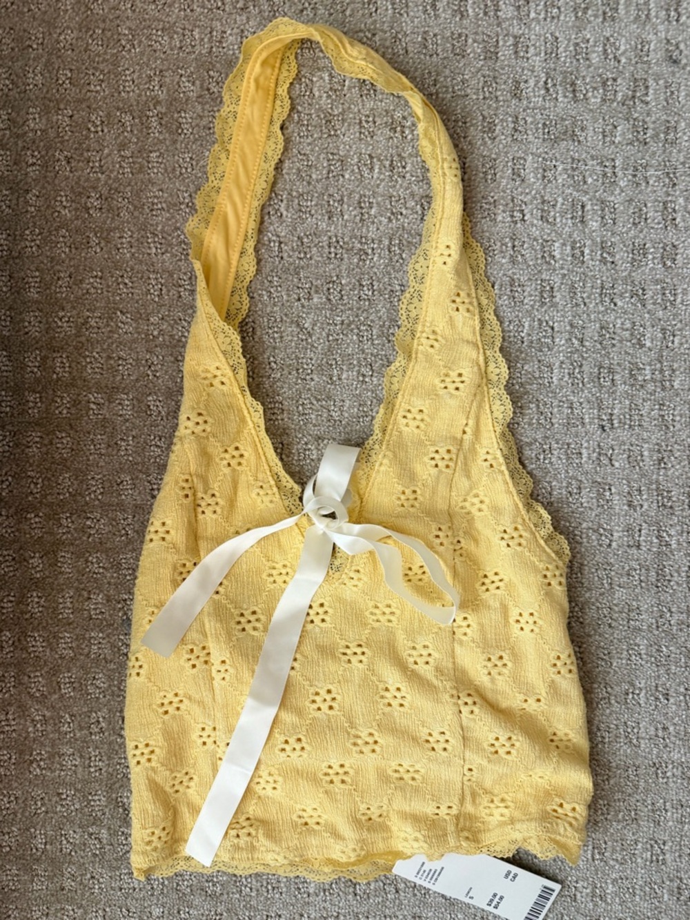 NWT Lemon Yellow Lace Halter Tie-Front Top - Picture 2 of 4
